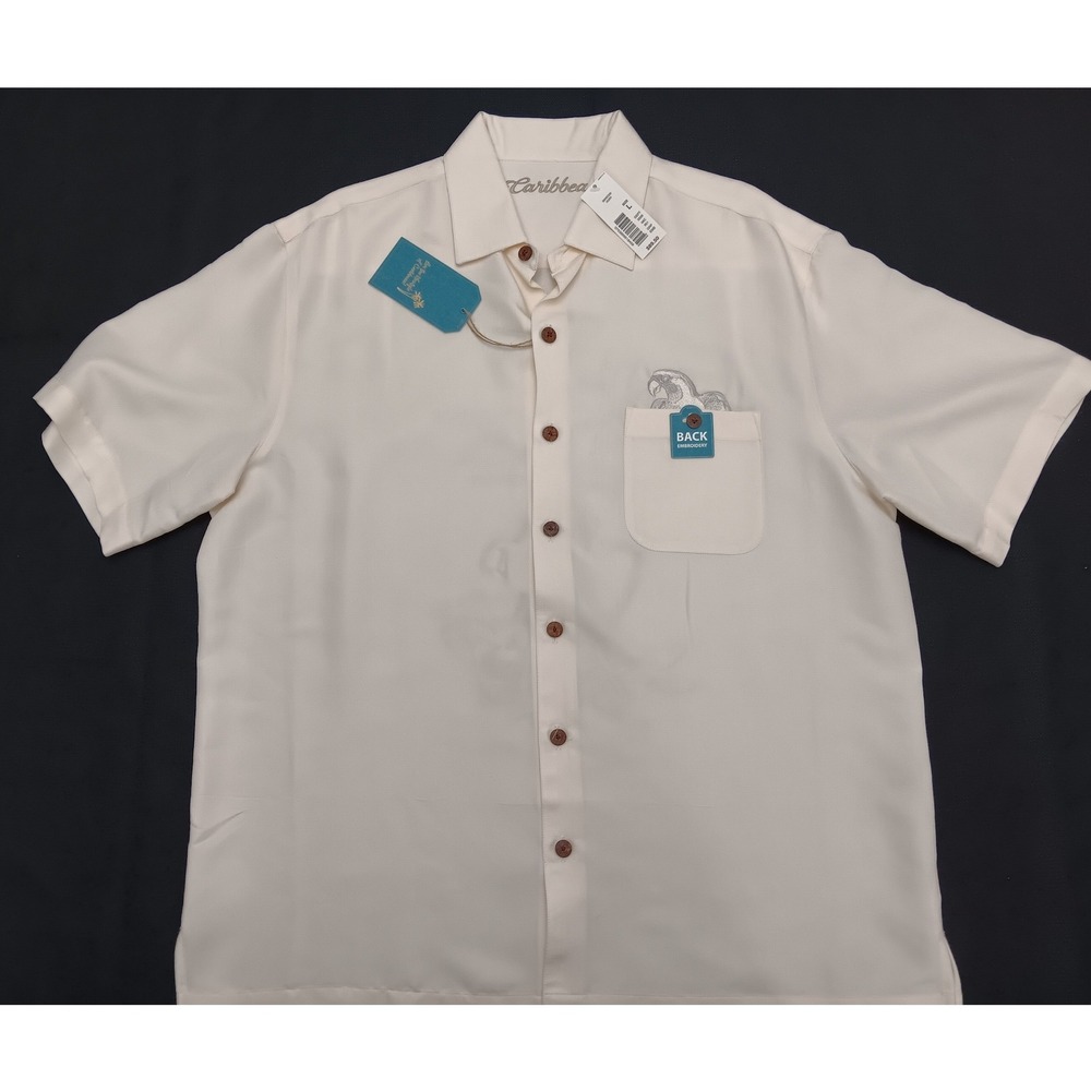 Caribbean Roundtree & Yorke Mens Ivory Silk Blend Embroidered Parrot Shirt Large